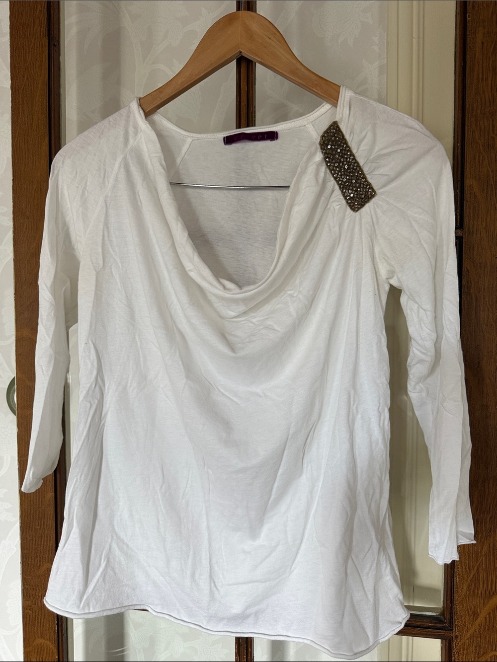 Velvet White Cowl Neck Long Sleeve Top with Embellished Shoulder